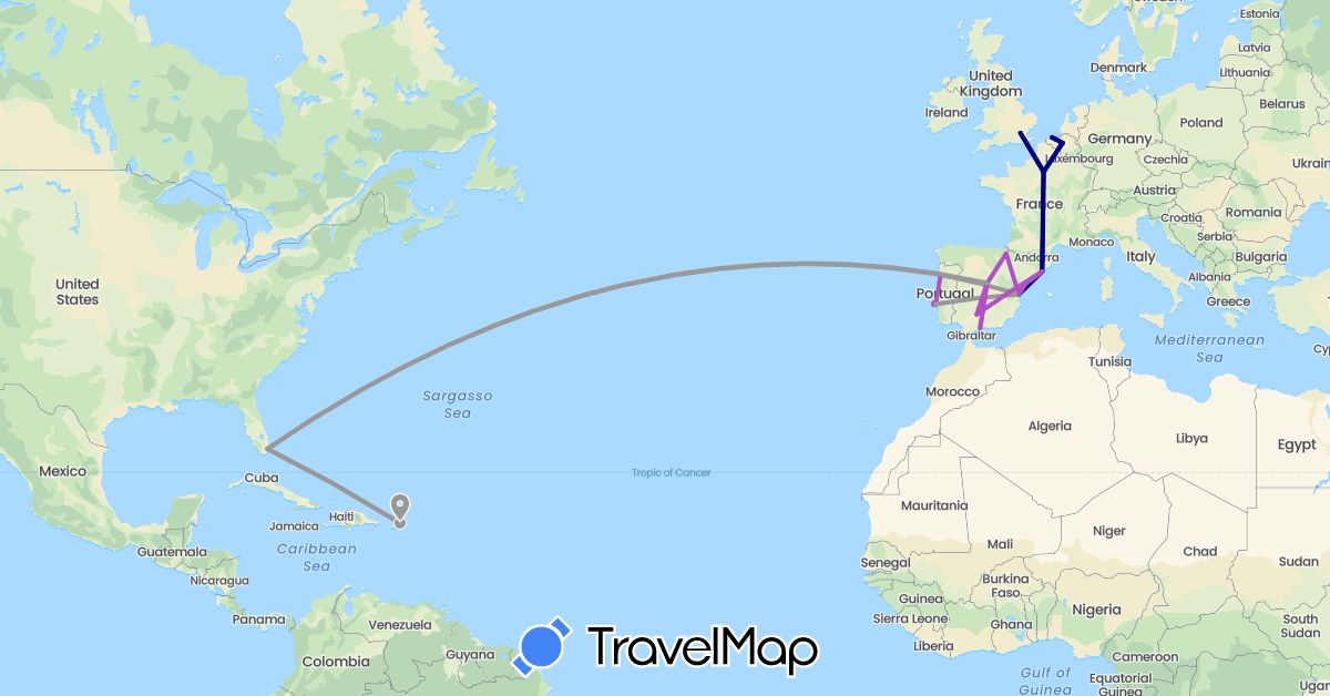 TravelMap itinerary: driving, plane, train in Belgium, Spain, France, United Kingdom, Portugal, United States (Europe, North America)